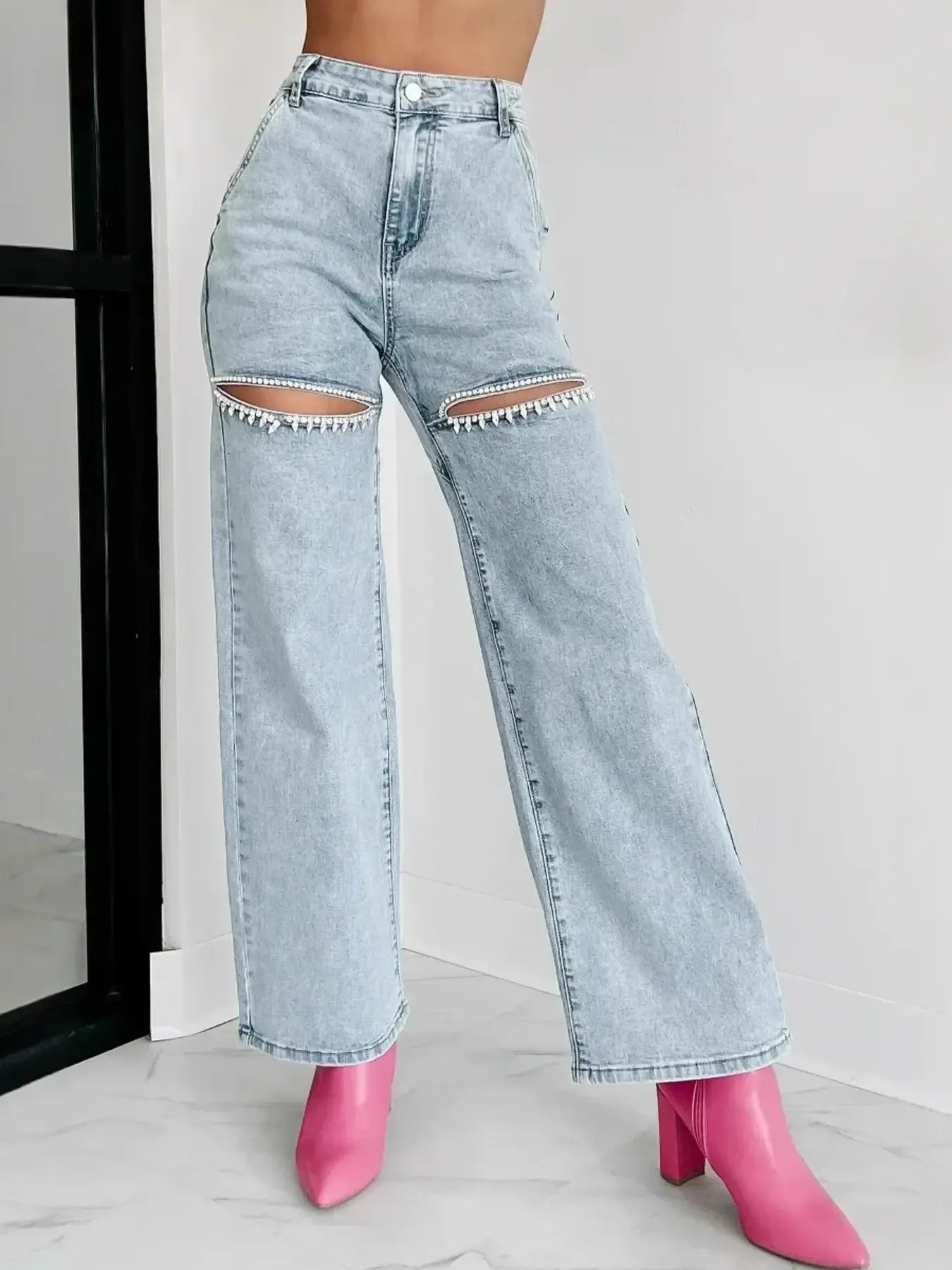 High Waist Cut-Out Wide Leg Jeans