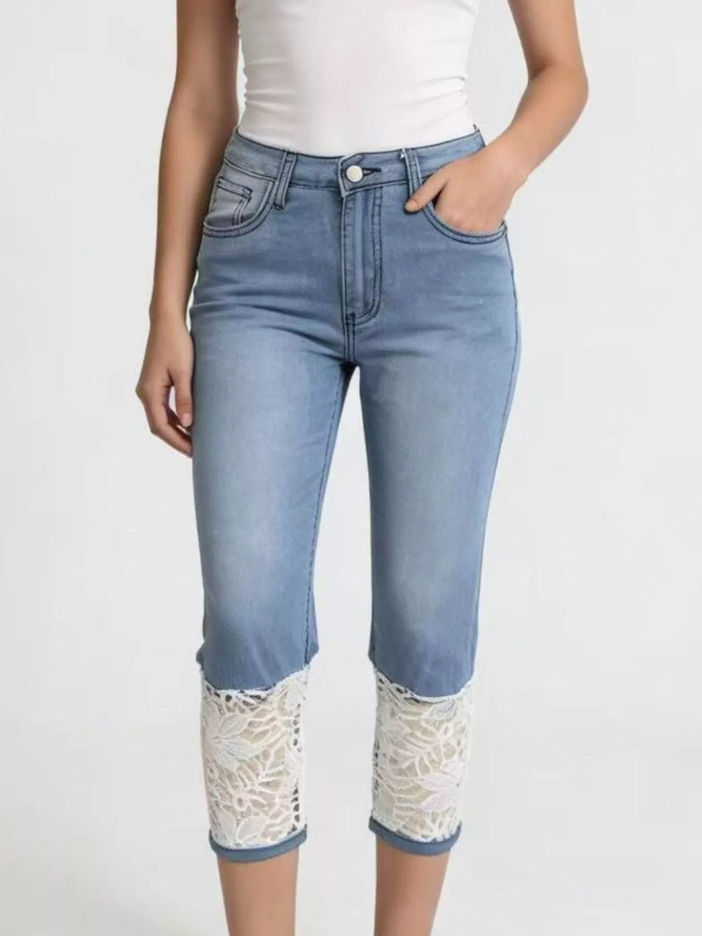 women's full size lace trimmed capri jeans plus size - additional image