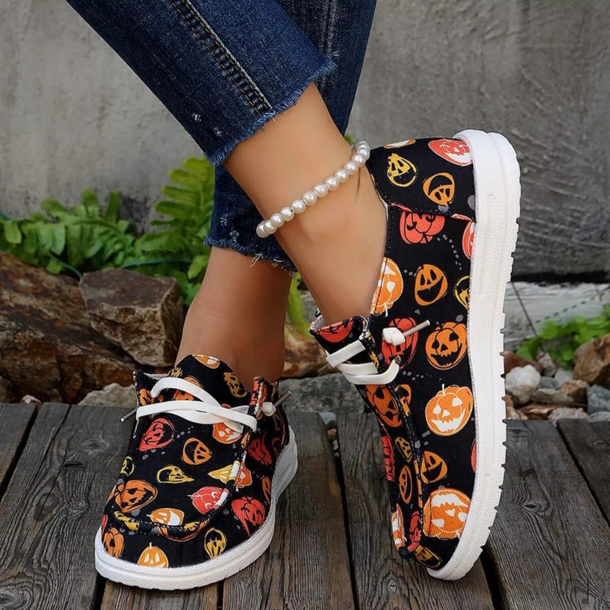 women's halloween pumpkin print round toe sneakers - styling option