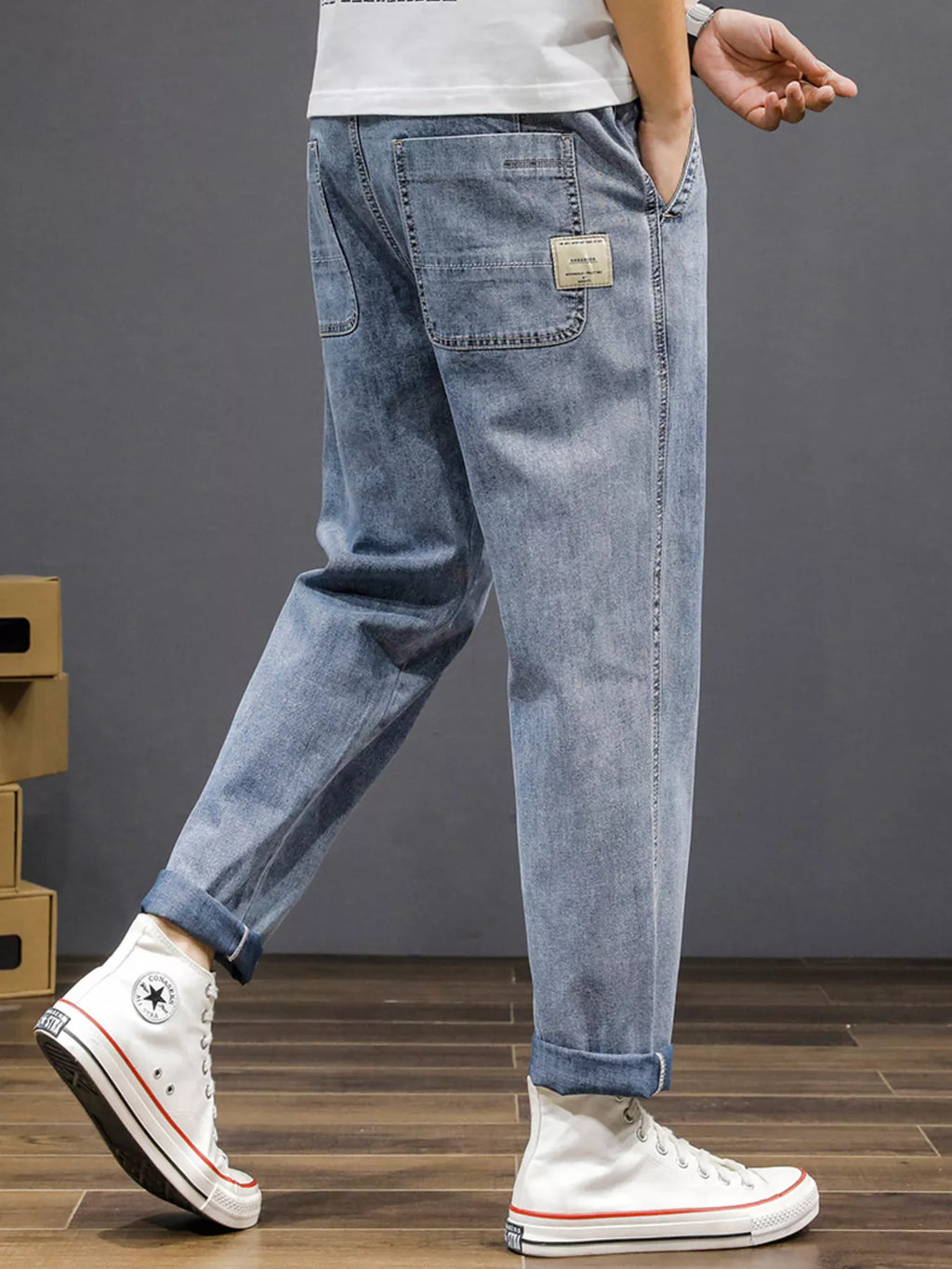 men's men's plus size casual loose fit wash jeans - back view