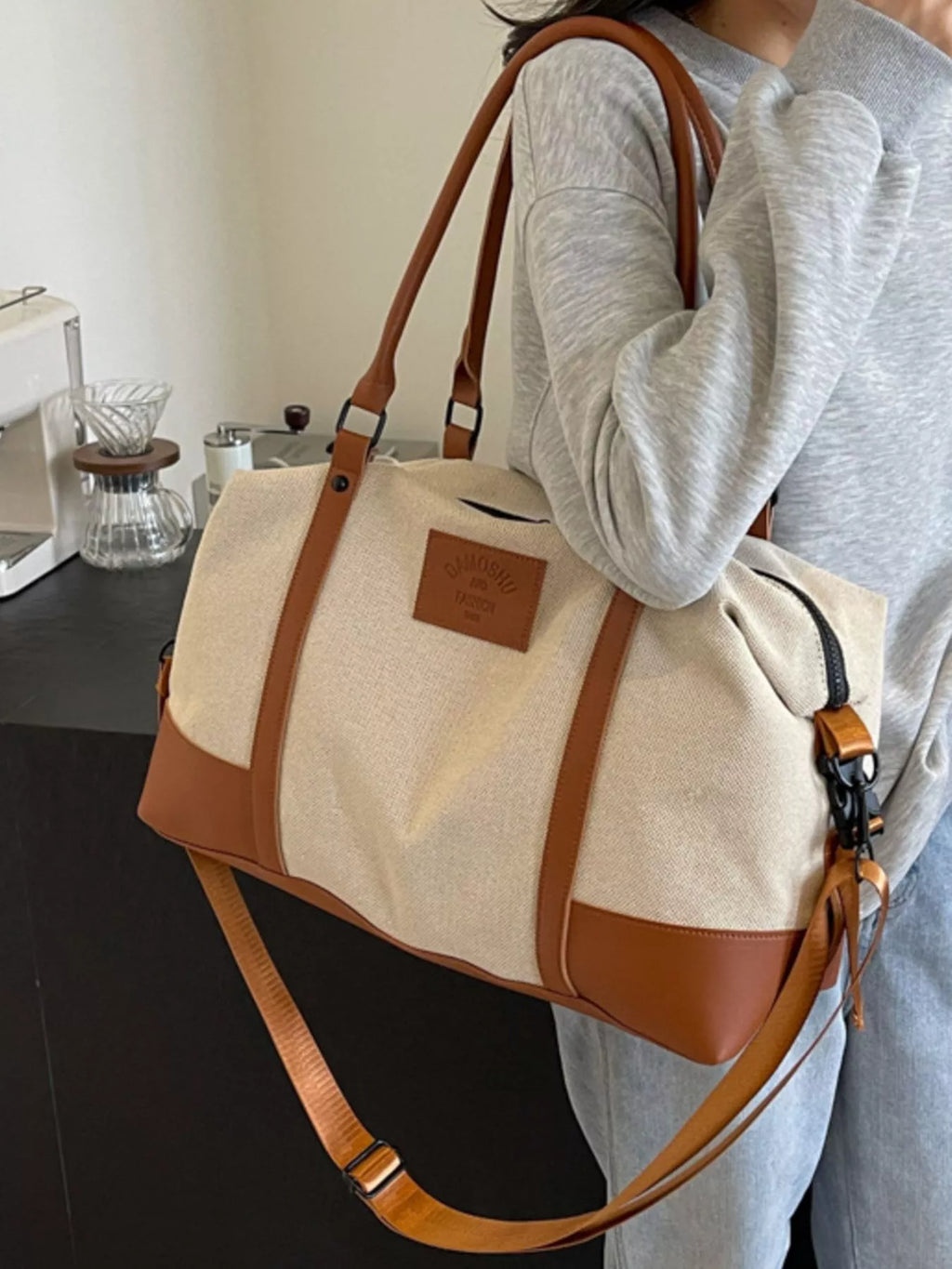 women's canvas leather trim travel  bag - product detail