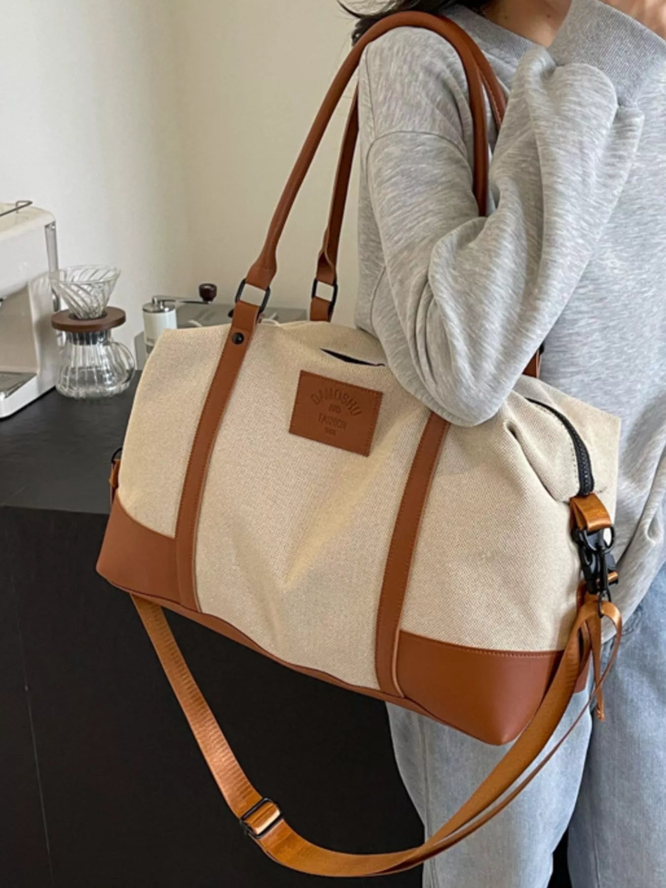 women's canvas leather trim travel  bag - product detail