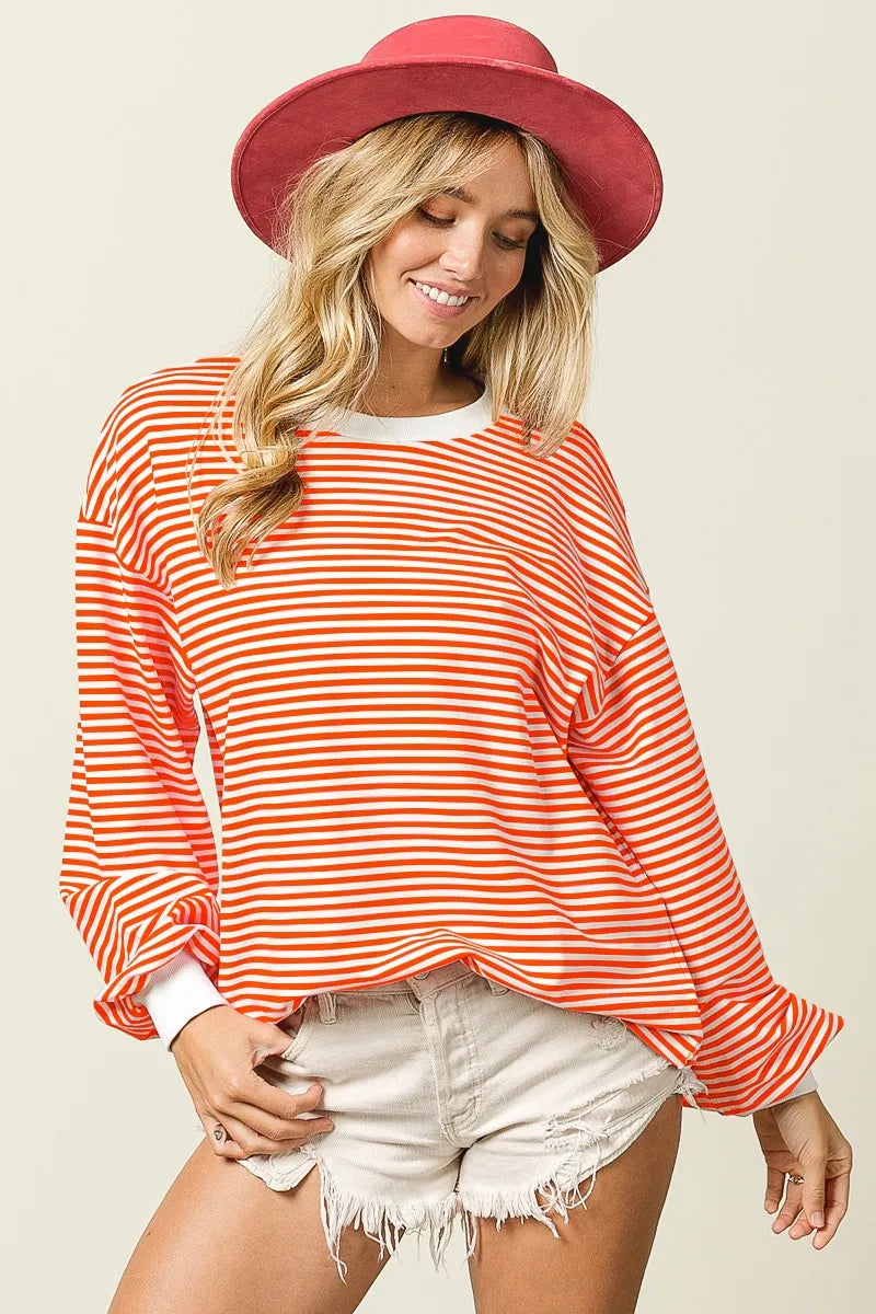 bibi french terry stripe long sleeve sweatshirt shown as women’s outerwear
