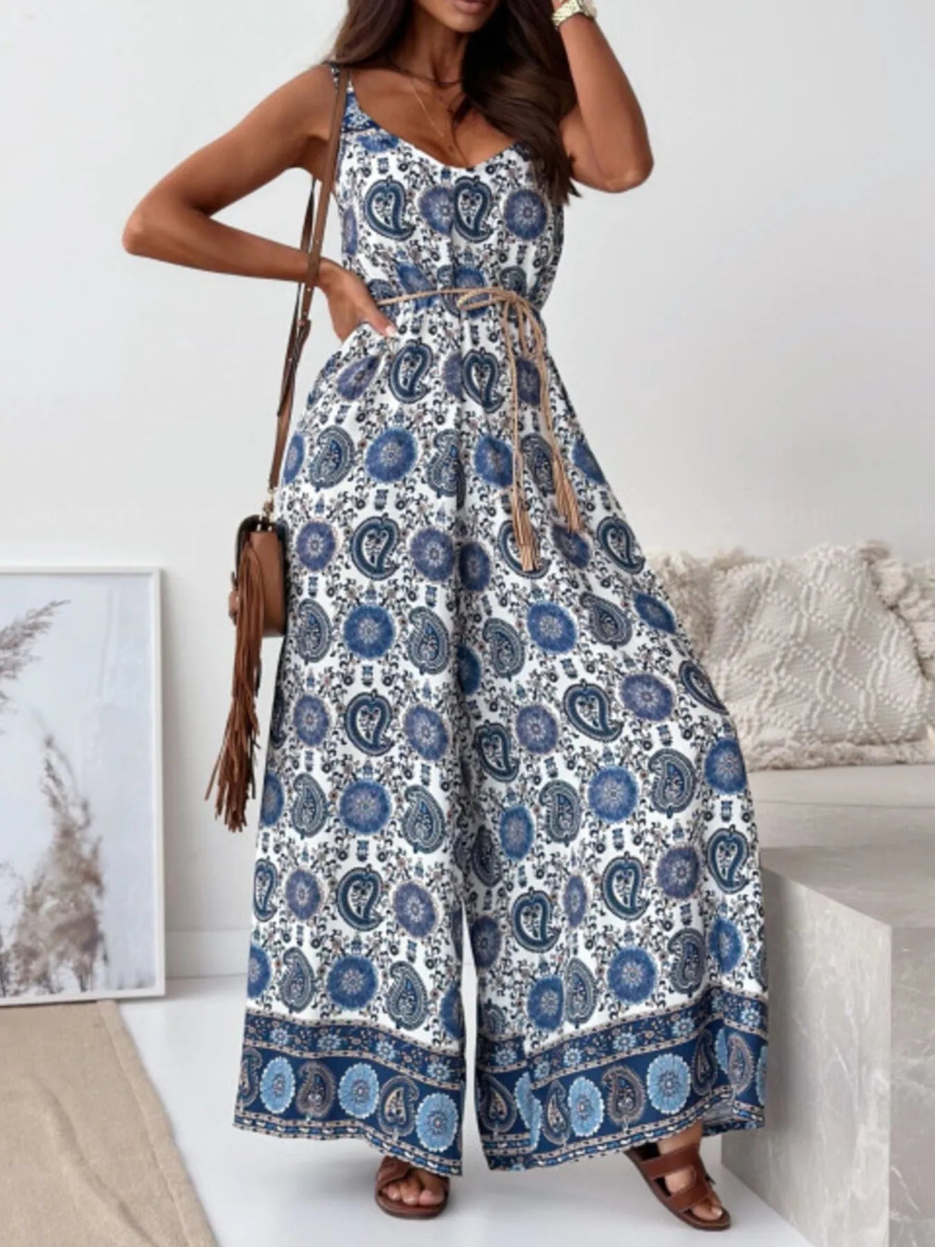 Paisley Print Spaghetti Strap Wide Leg Jumpsuit Blue And White Feathers