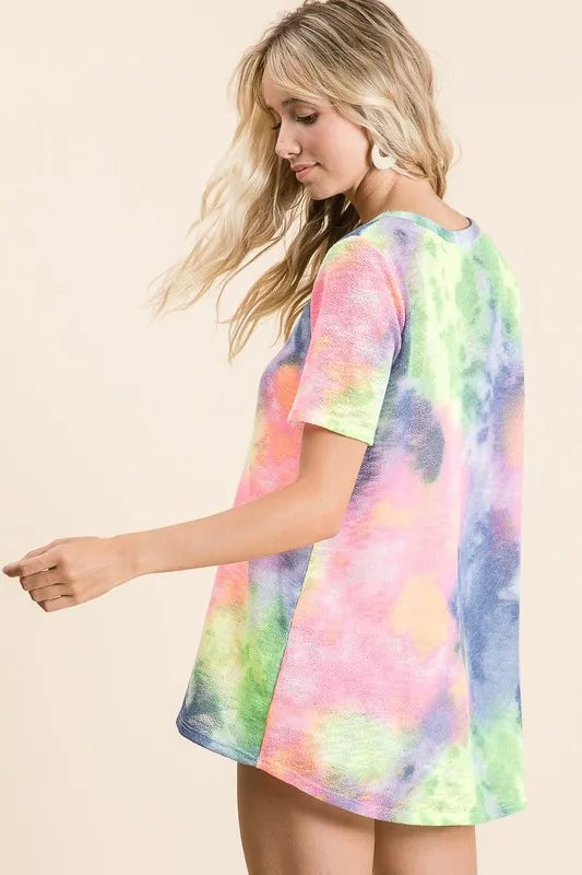women's bibi tie dye print low gauge deep u neck top - product detail
