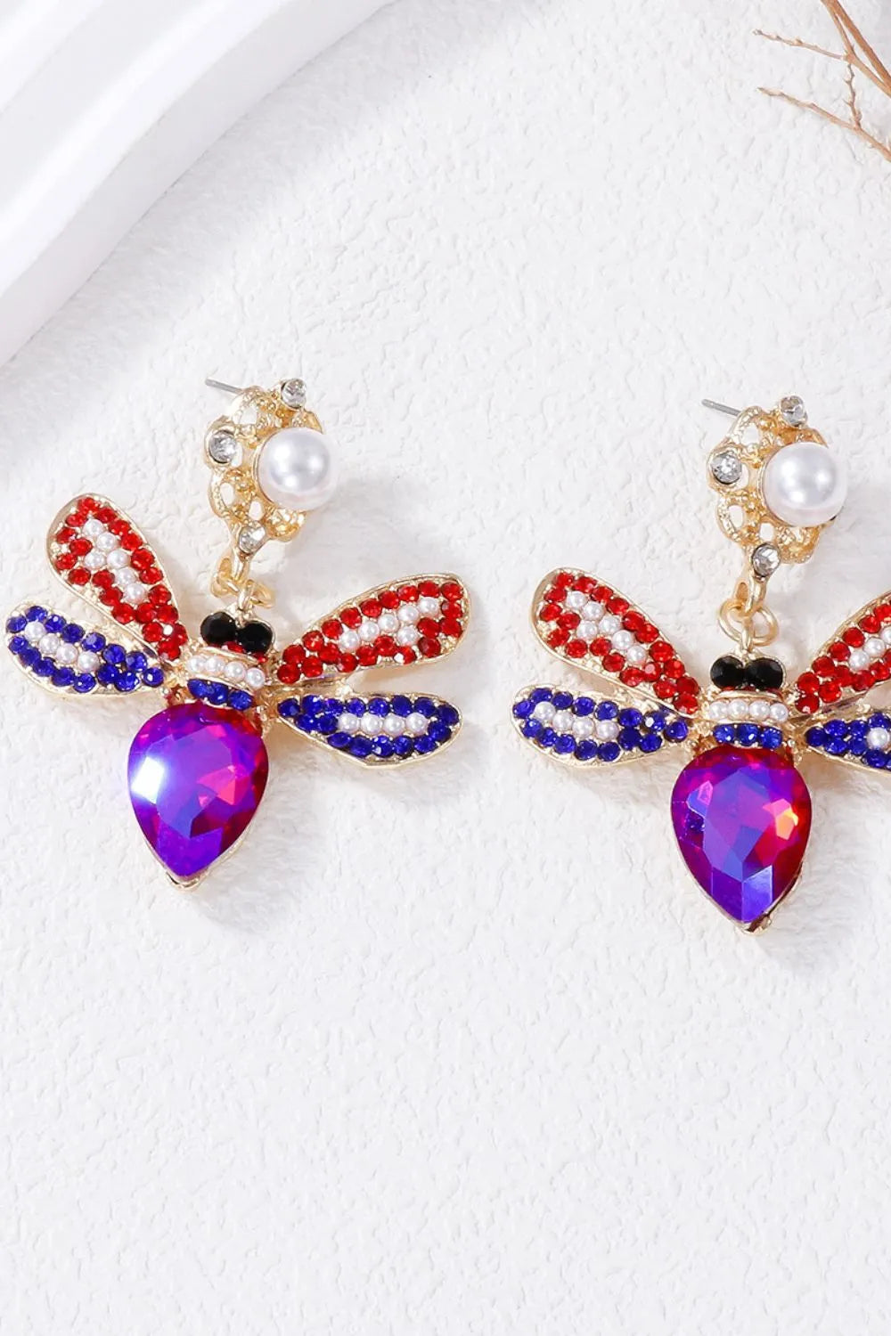 Natural Stone Bee Dangle Earrings Red-Violet One Size