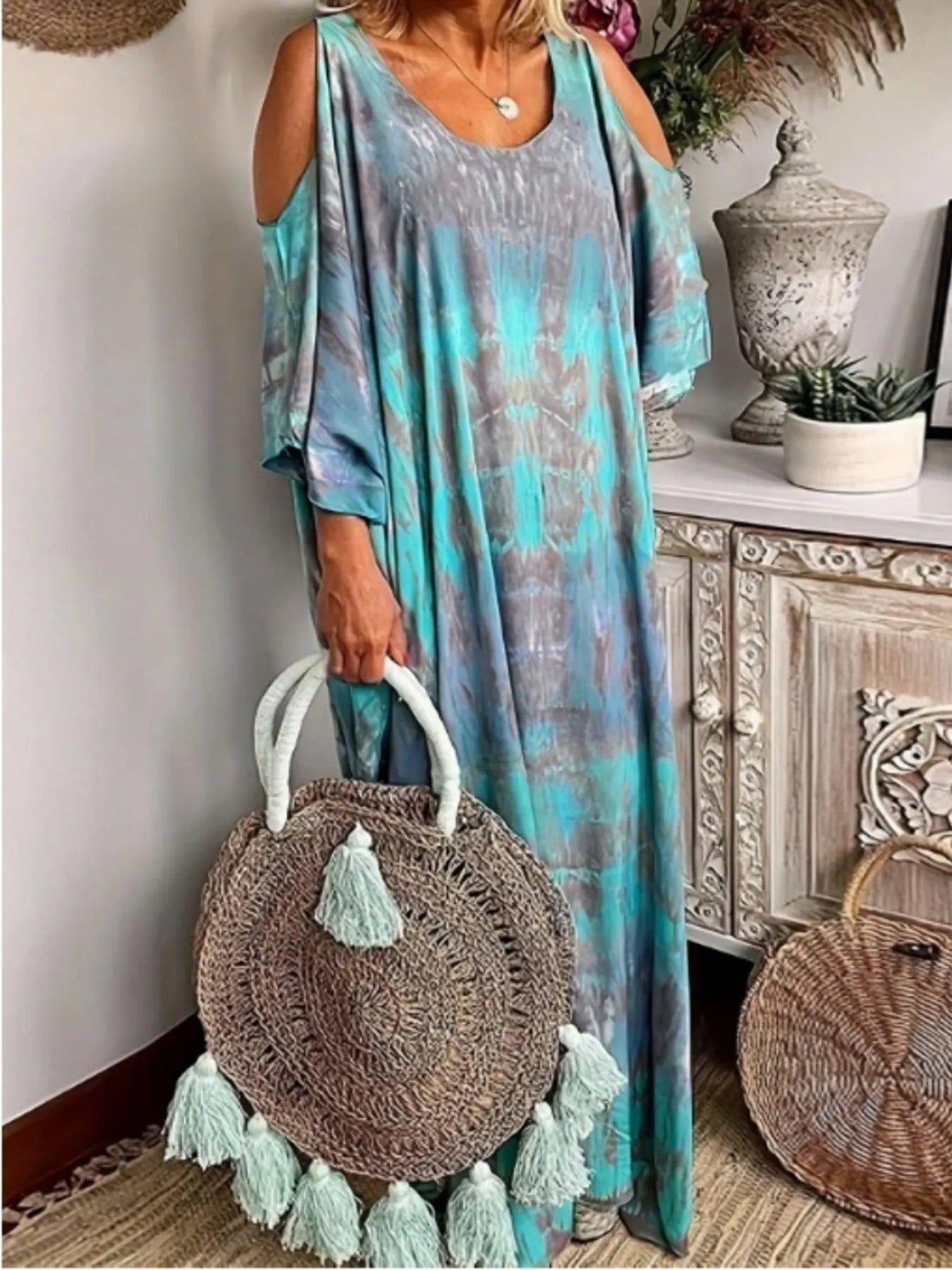 Plus Size Tie-Dye Cold Shoulder Maxi Dress Rx9916—blue