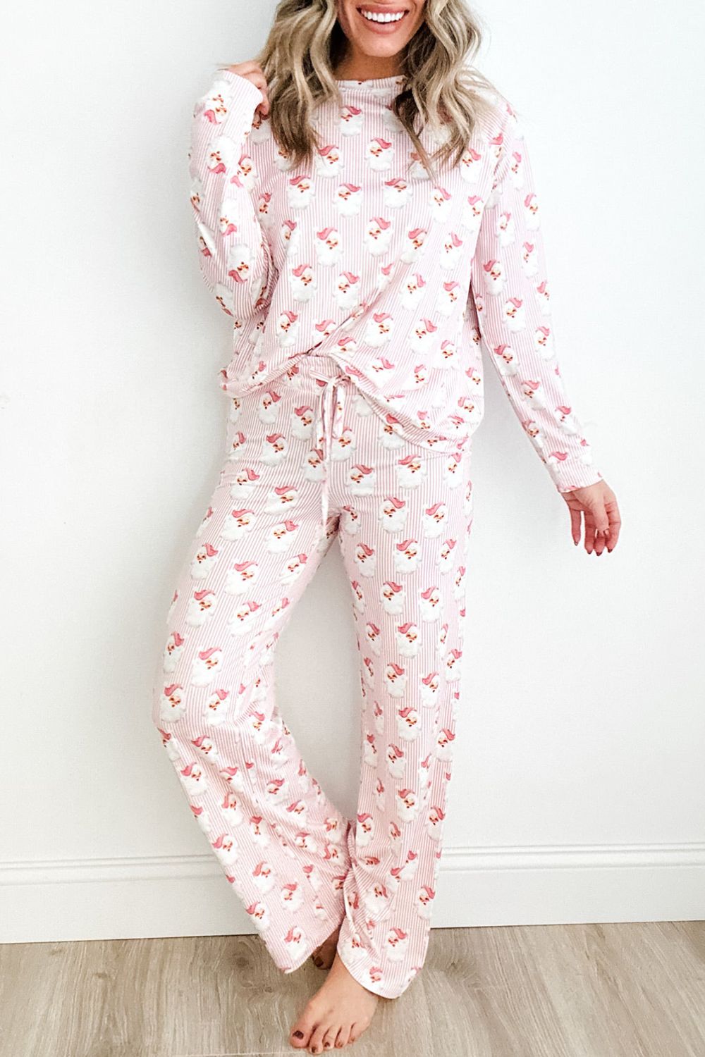 Santa Print Long Sleeve Top and Pants Lounge Set Blush Pink