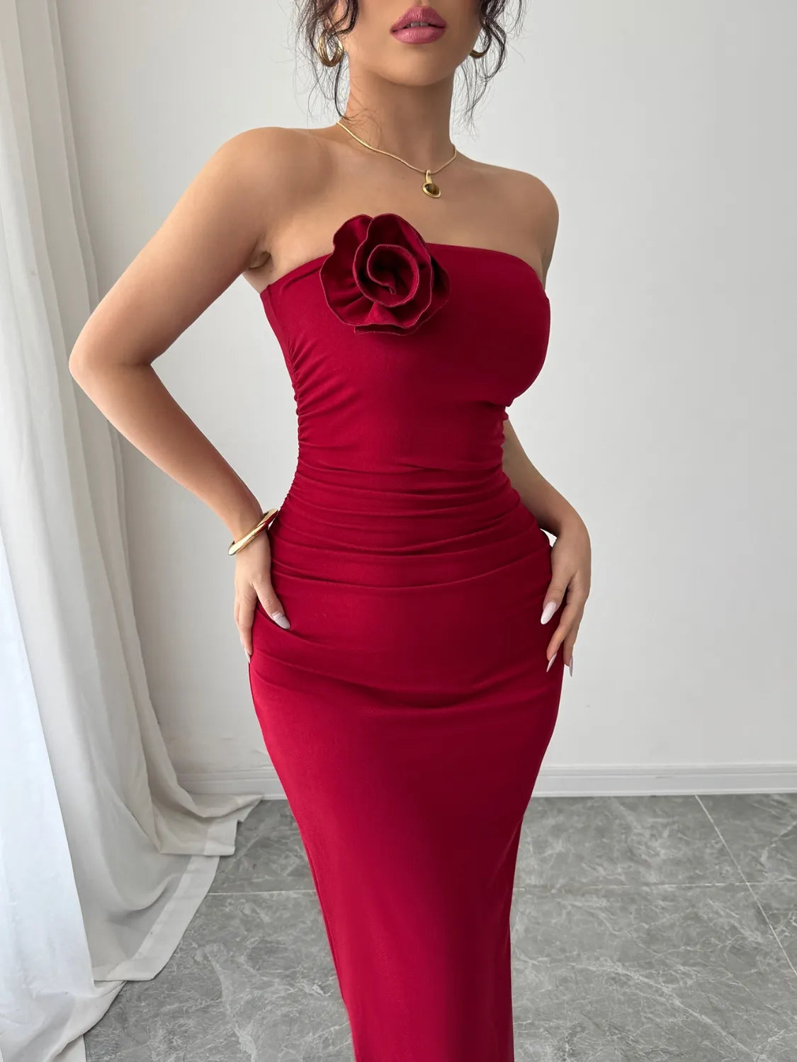 slit back flower tube midi dress shown as women’s dress