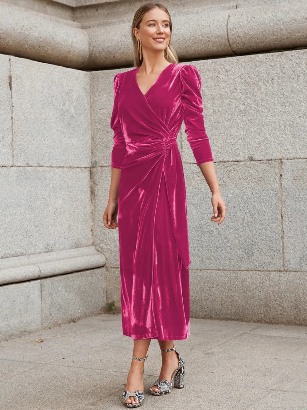 Surplice Puff Sleeve Midi Dress – Donjane Hot Pink