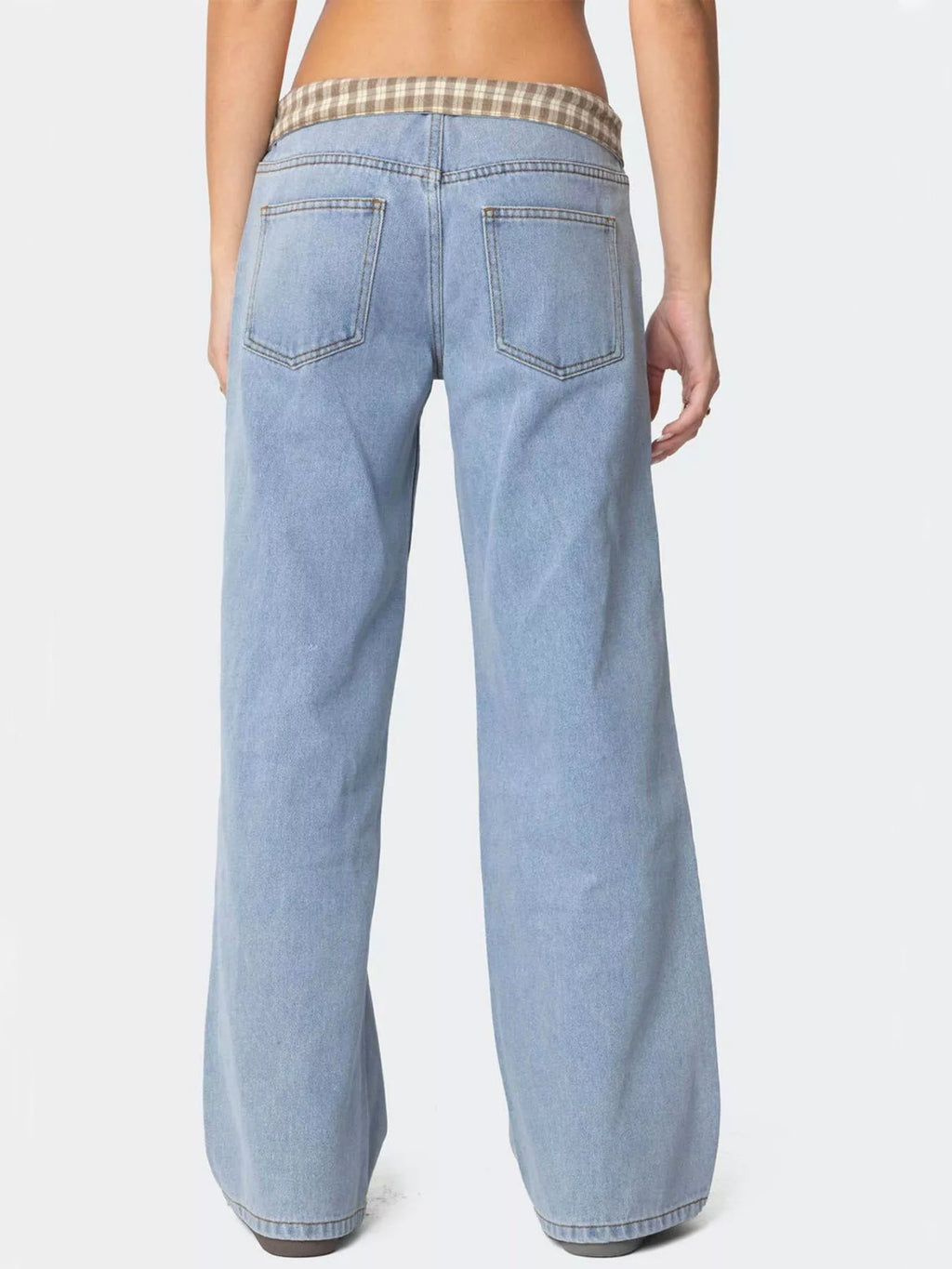 women's plaid trim wide leg jeans - extra view