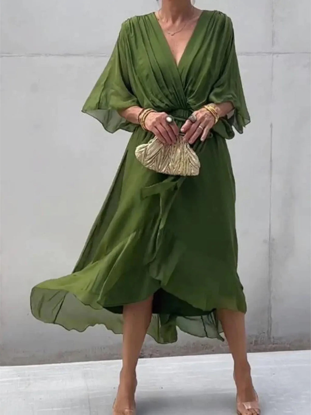 Full Size Flowy Tie Front Midi Dress with Flutter Sleeves Plus Size Green