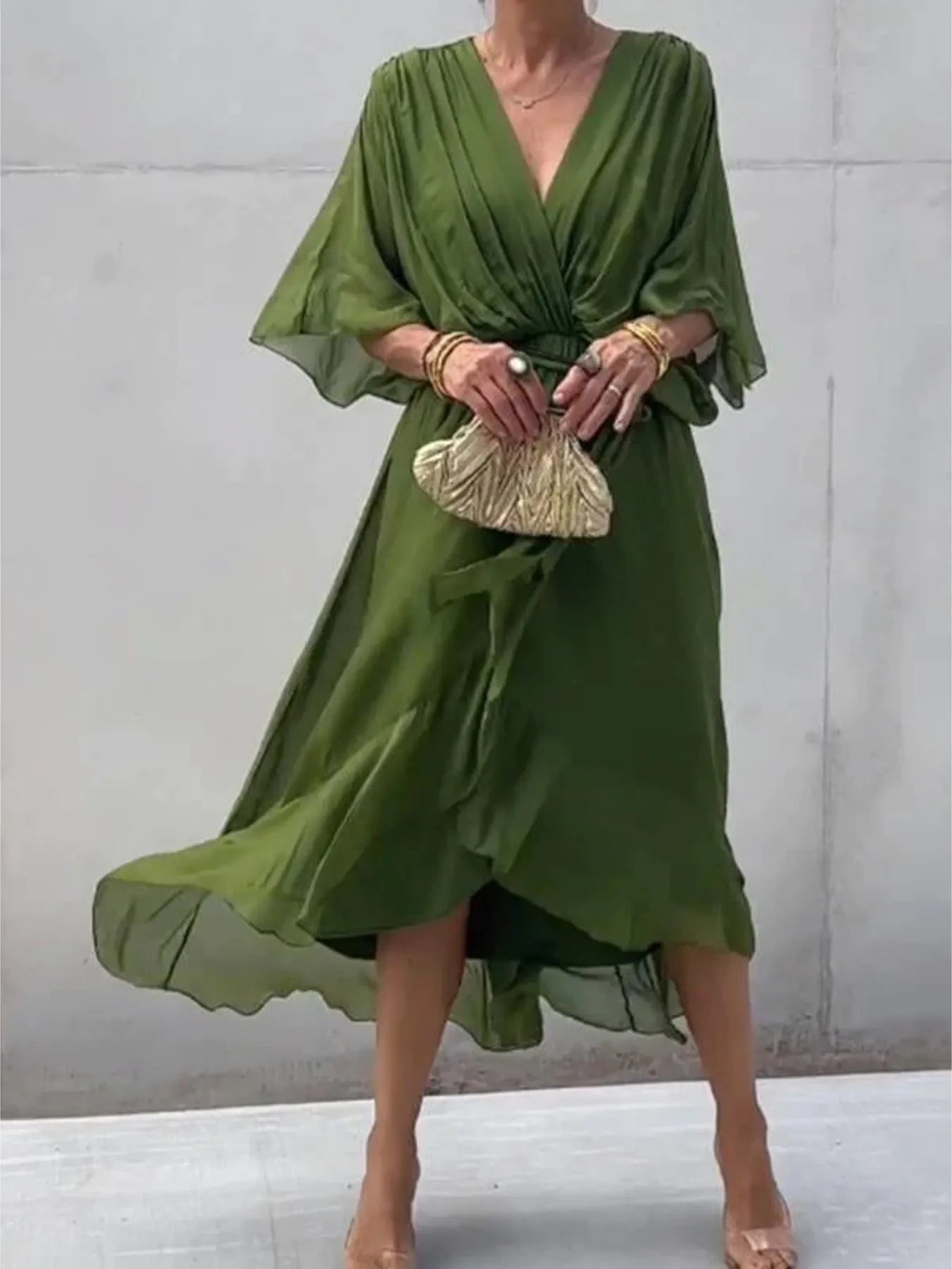 Full Size Flowy Tie Front Midi Dress with Flutter Sleeves Plus Size Green