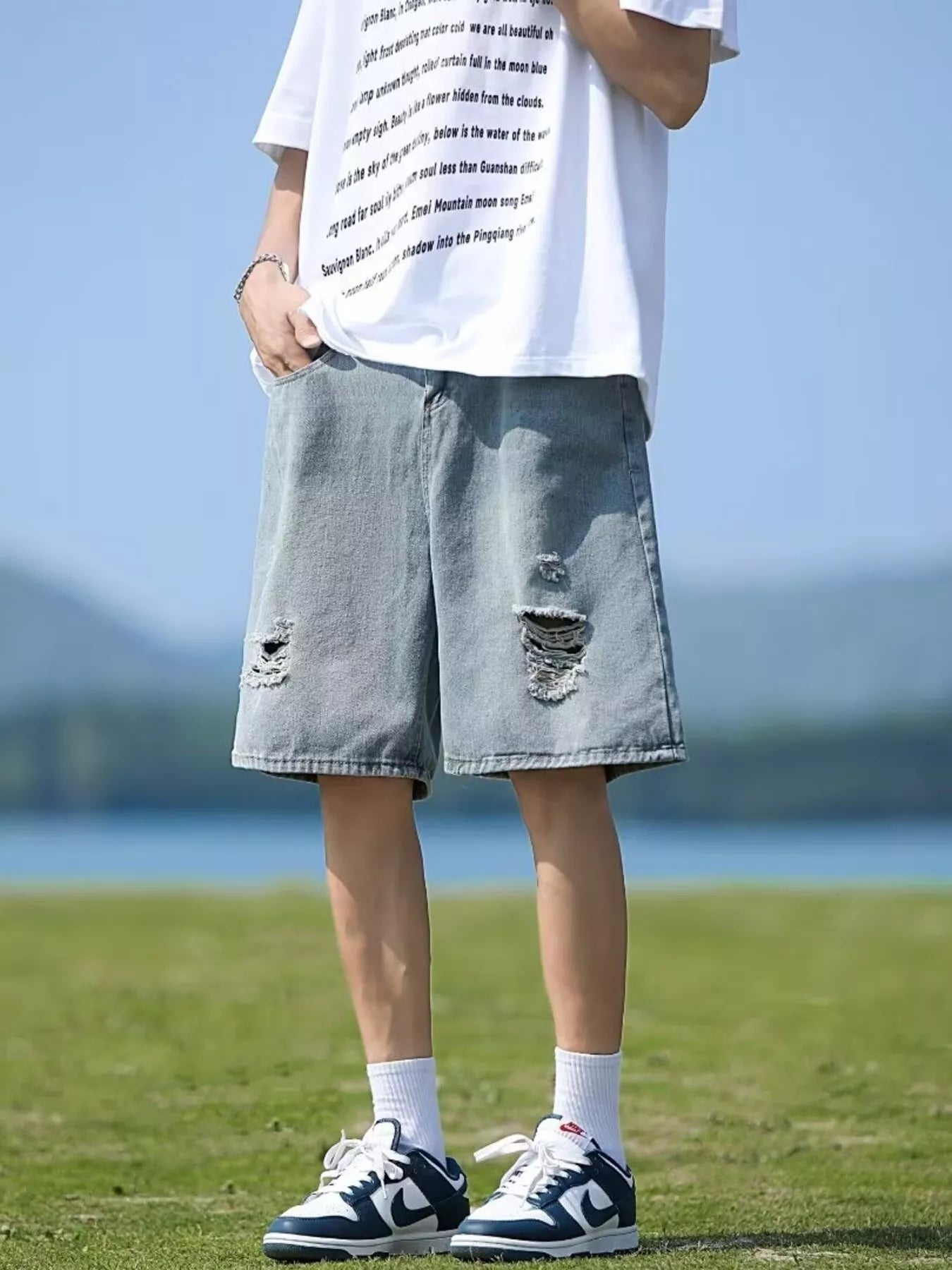 men's men's full size casual loose fit ripped denim shorts plus size - second view