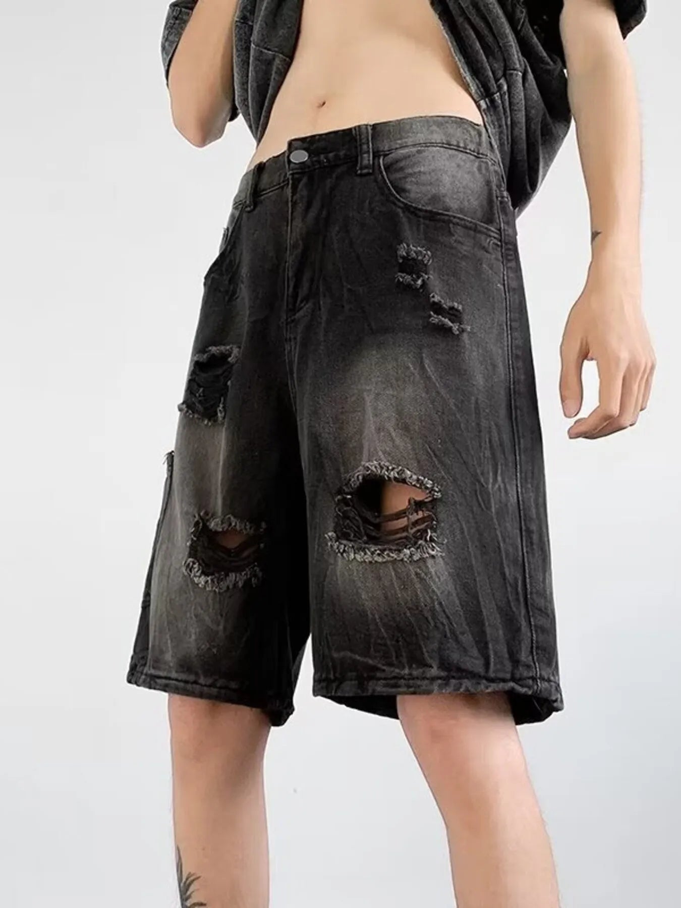 men's men's plus size distressed wide leg denim shorts - additional image