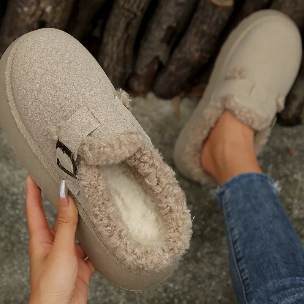 women's fuzzy trim buckle platform slippers - additional image