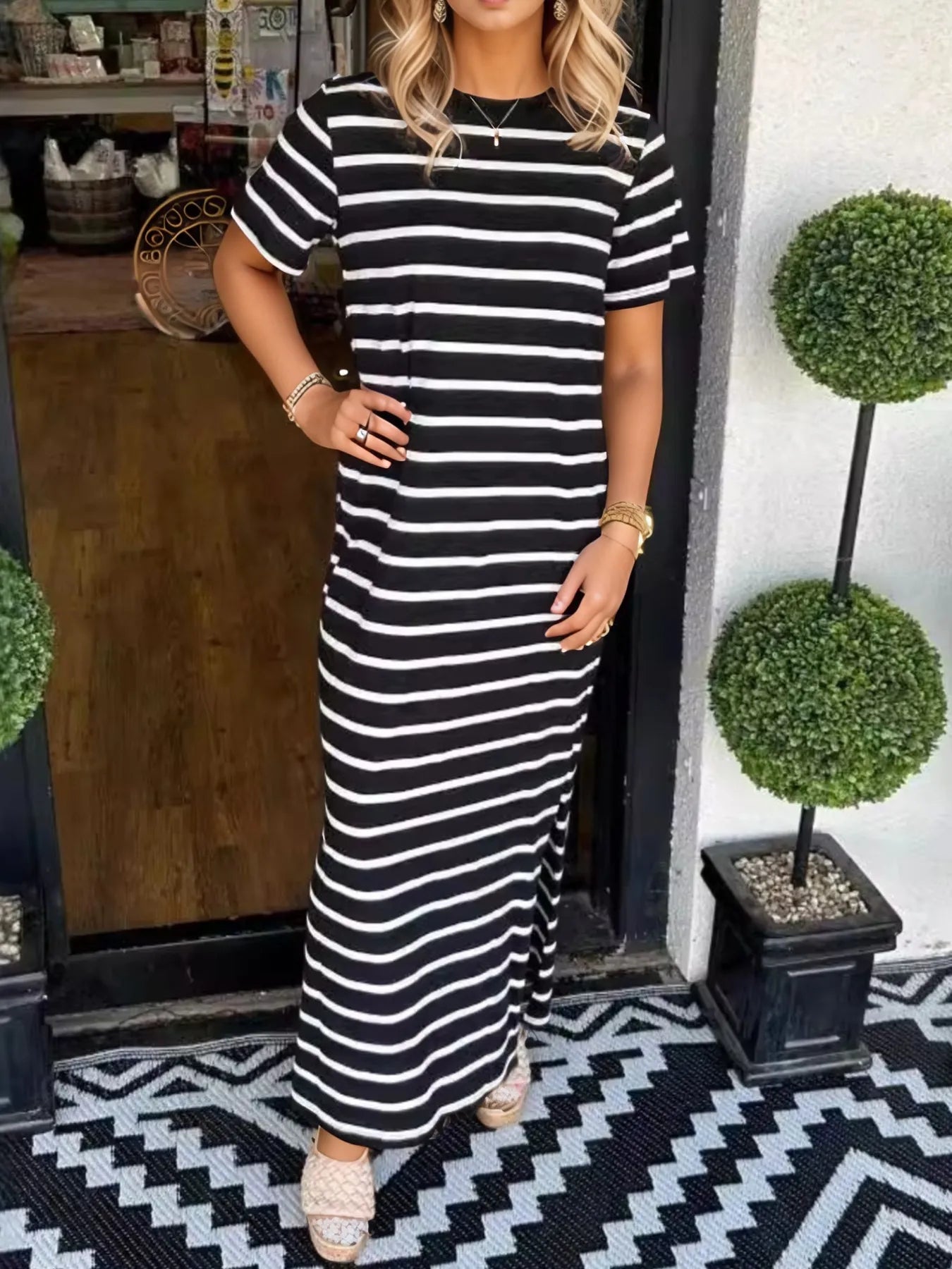 Full Size Striped T-Shirt Maxi Dress with Side Slit Plus Size White