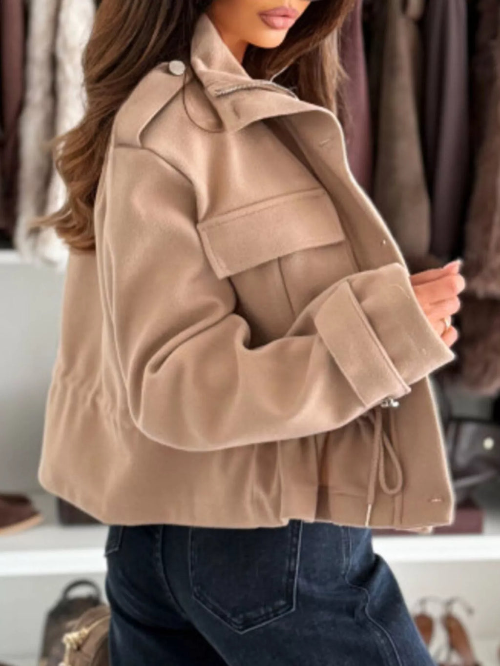 women's drawstring button-up casual jacket - product detail