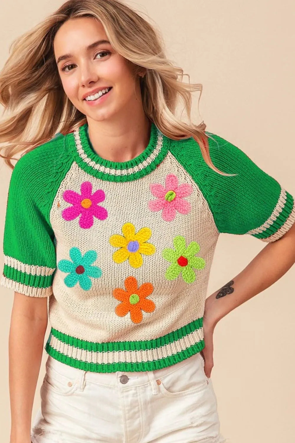 bibi crochet flower patches striped rib band sweater shown as women’s sweater
