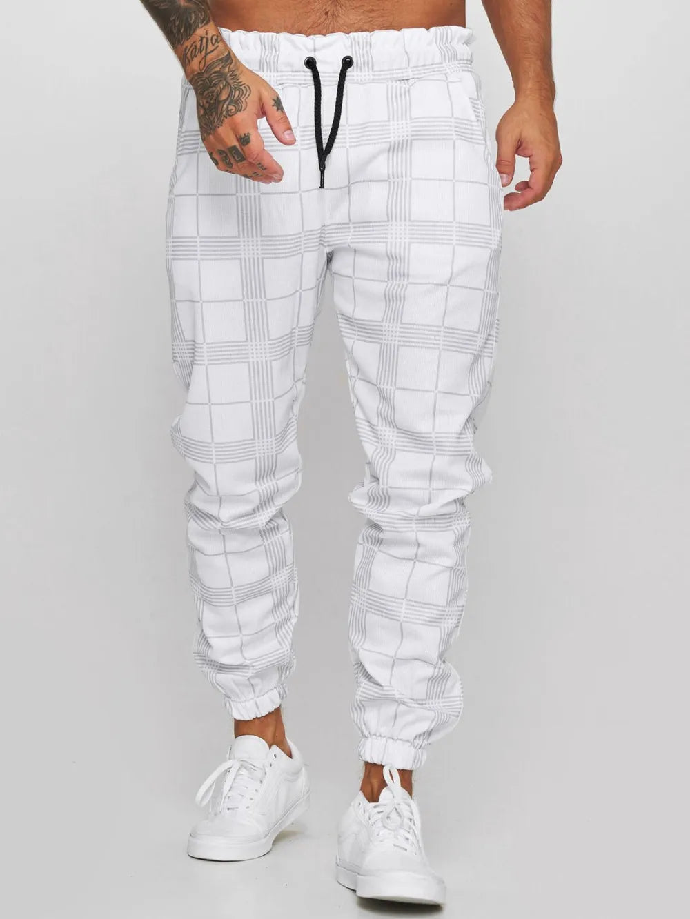 Men's Plus Size Plaid Drawstring Pants White