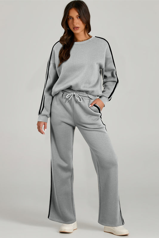 Round Neck Long Sleeve Top and Pants Active Set Gray