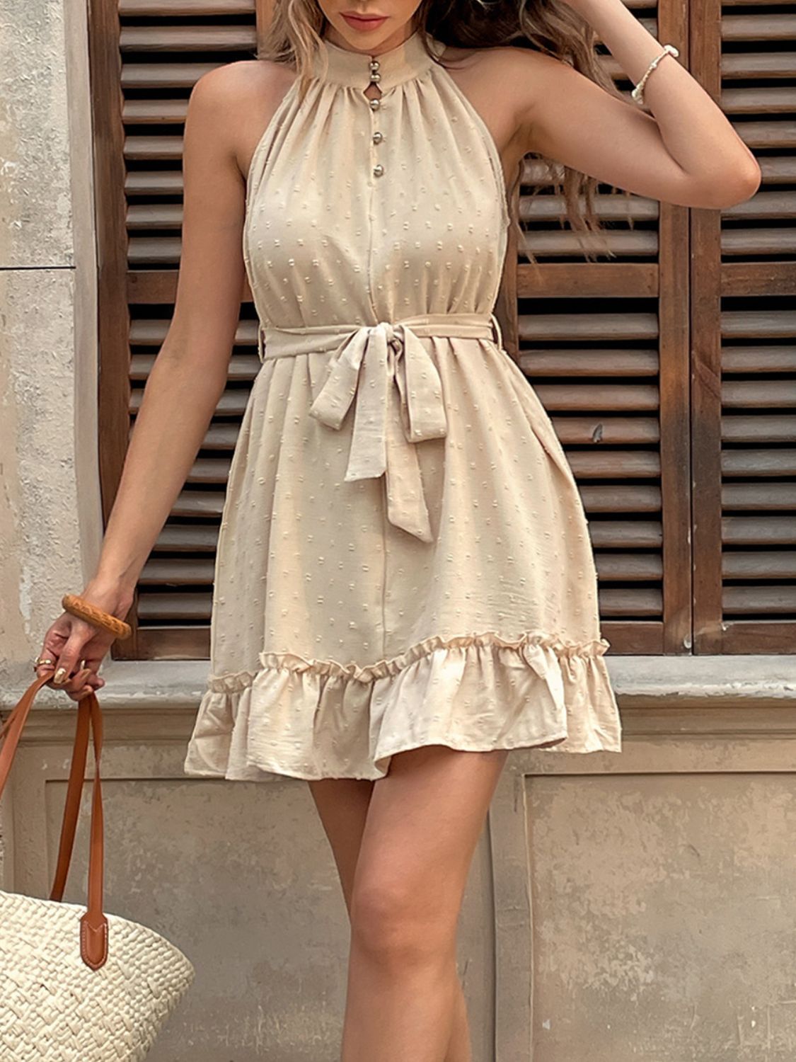 Perfee Swiss Dot Ruffled Sleeveless Mini Dress