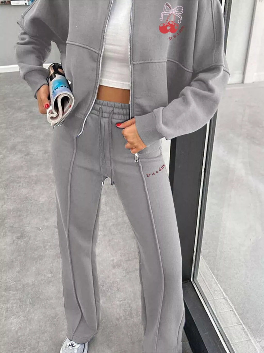 women's zip up dropped shoulder outerwear and pants set - additional image