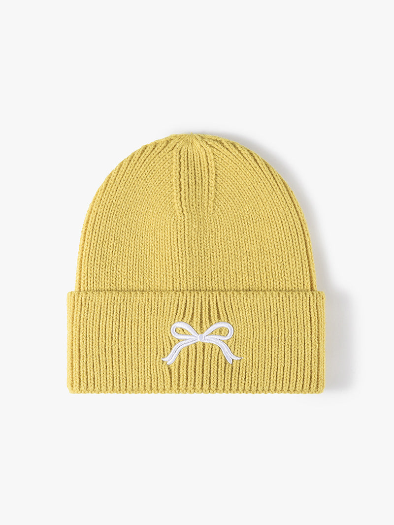 Embroidered Bow Knit Hat Yellow One Size