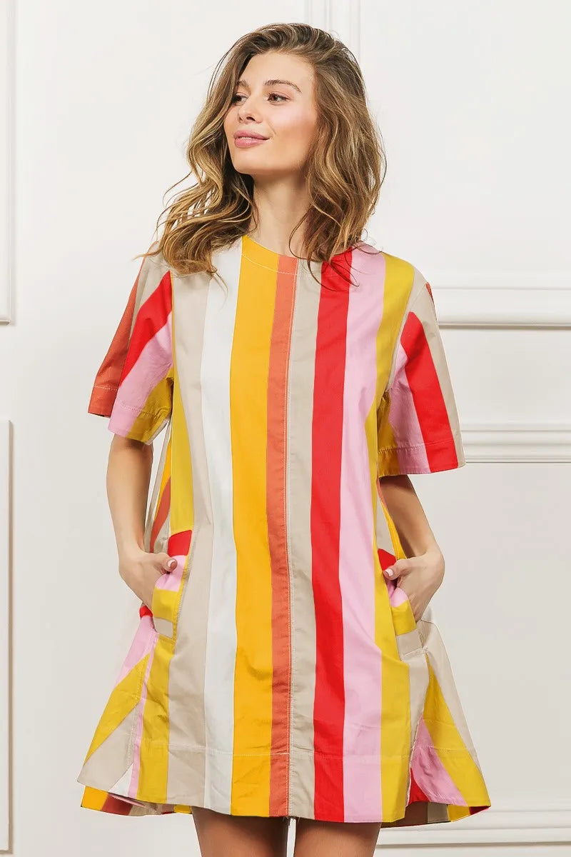 bibi multi stripe woven flared midi dress shown as women’s outerwear