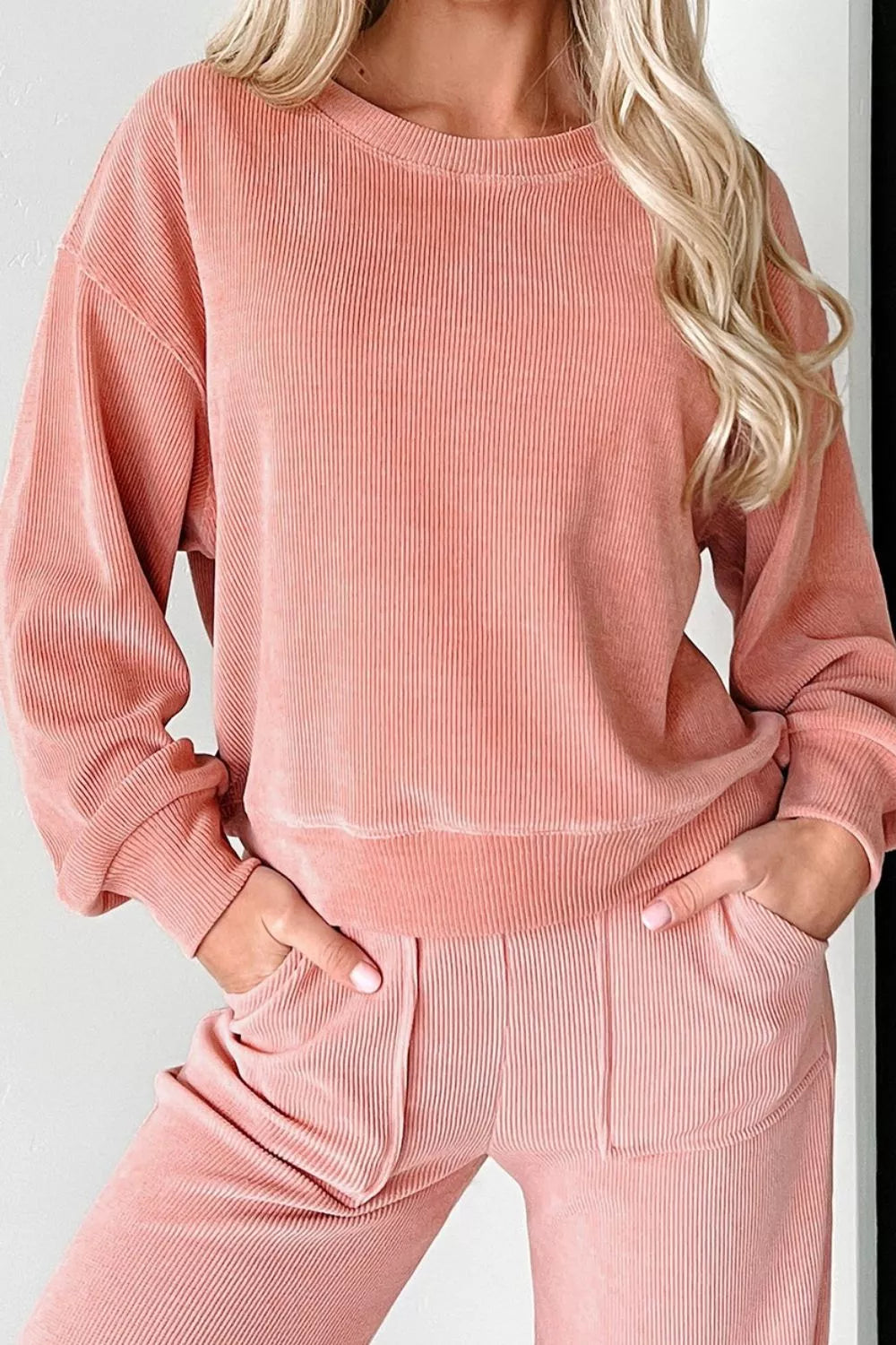 women's ribbed round neck top and pants set - styling option