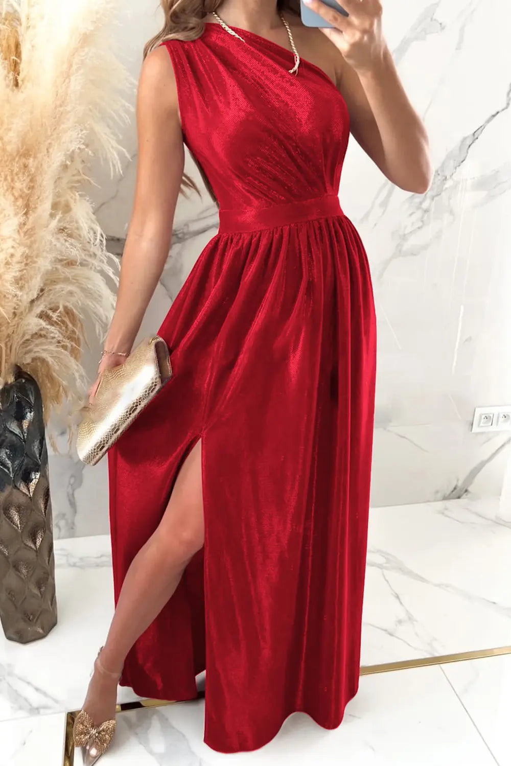 One-Shoulder Slit Ruched Maxi Dress – Donjane