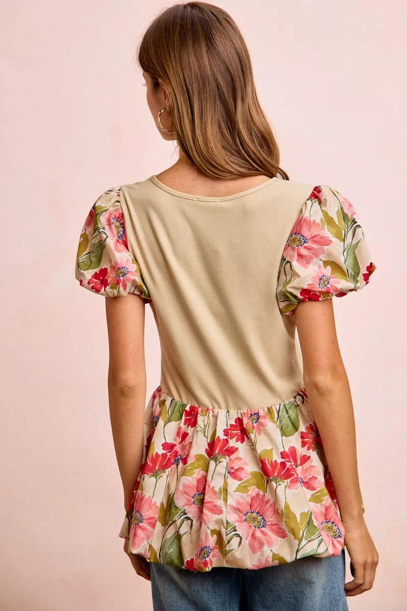 women's bibi floral printed bubble sleeves and hem peplum top - product detail