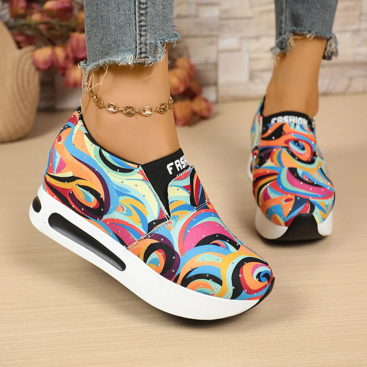 women's colorful abstract pattern platform sneakers - front view