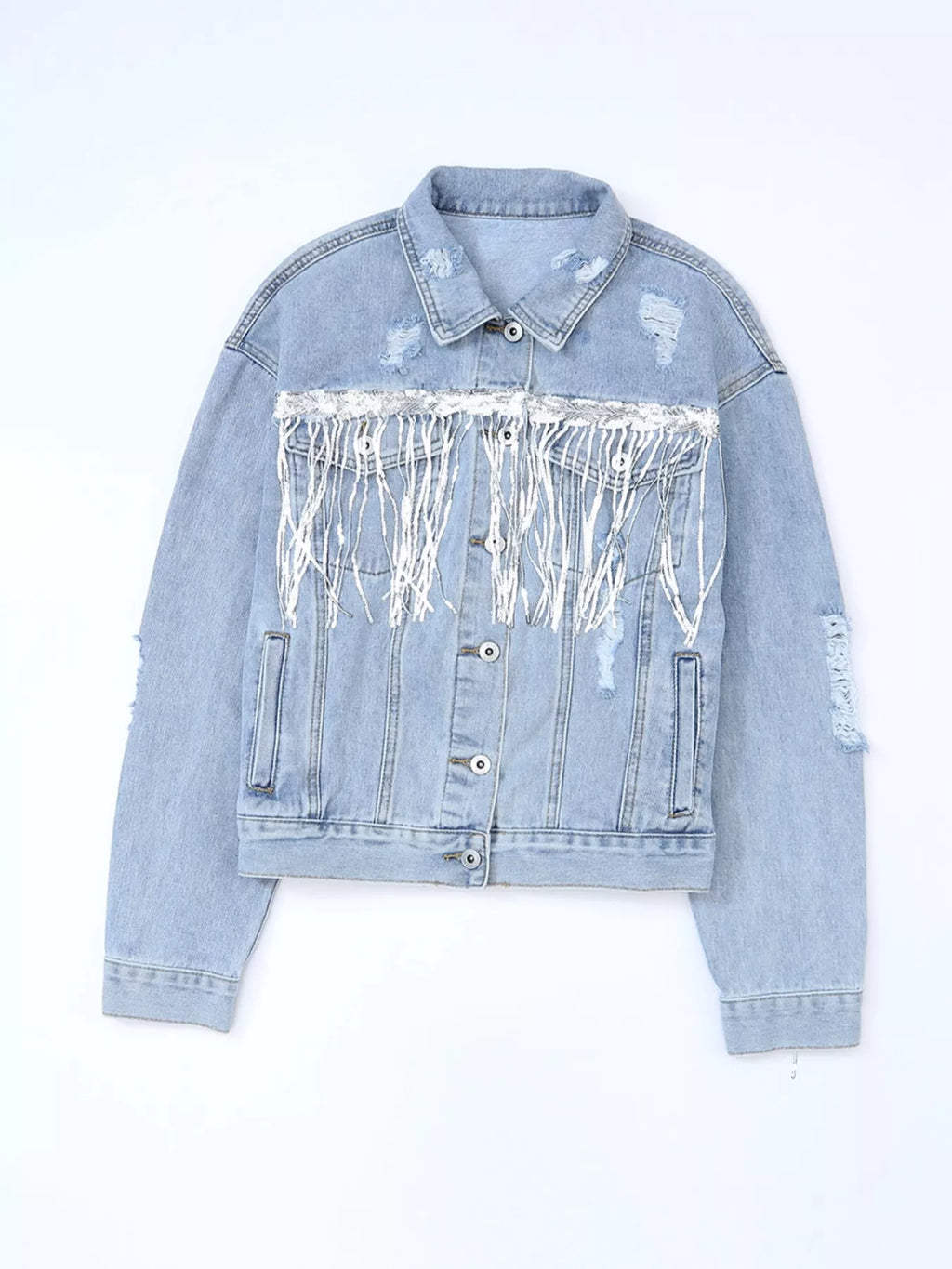 women's fringed sequin embellished denim jacket - product detail