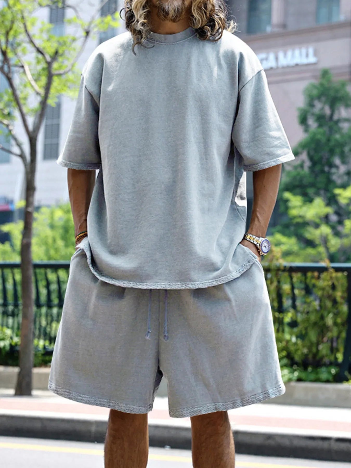 men's men's full size round neck short sleeve top and shorts set plus size - extra view