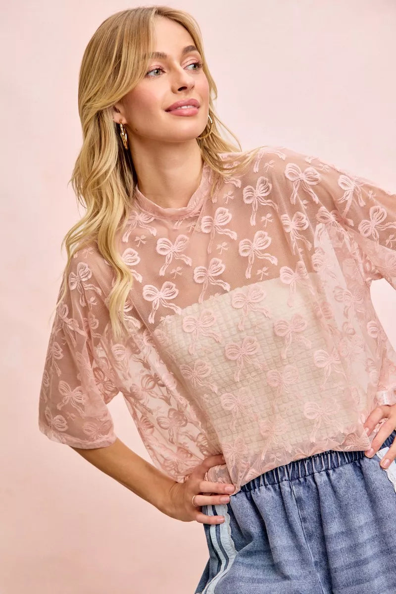 women's bibi bow pattern short sleeves boxy mesh top - additional image