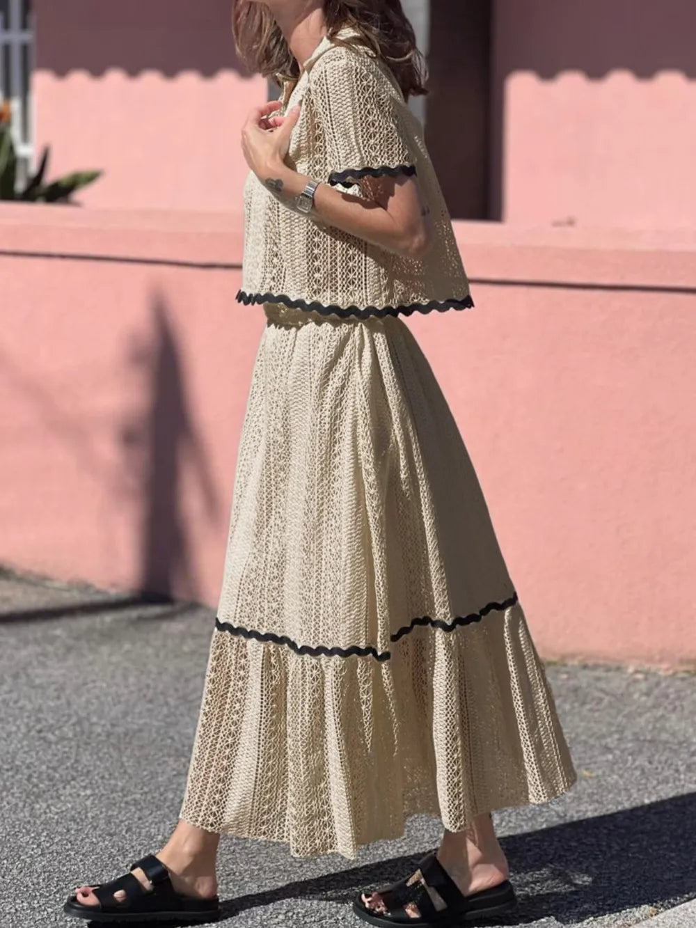 Contrast Trim Openwork Short Sleeve Top and Skirt Set