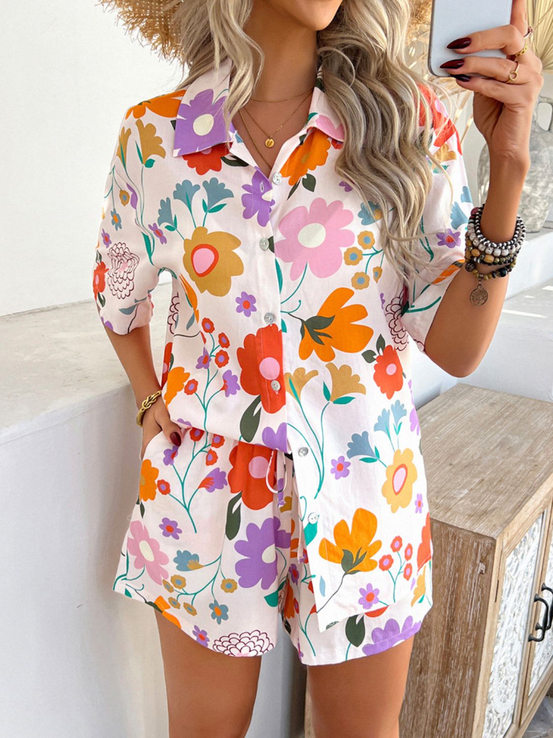 Devine Printed Button Down Shirt and Shorts Set