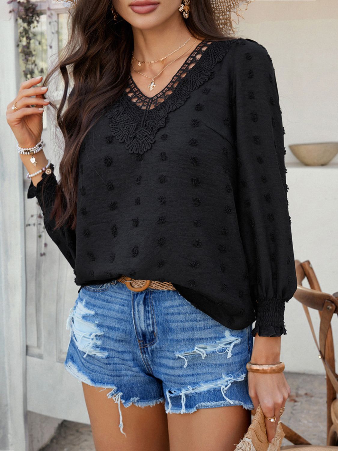 Devine Swiss Dot Lace Detail V-Neck Long Sleeve Blouse