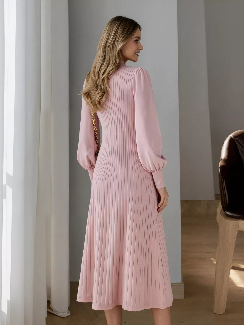 women's ribbed knit mock neck midi dress - additional angle