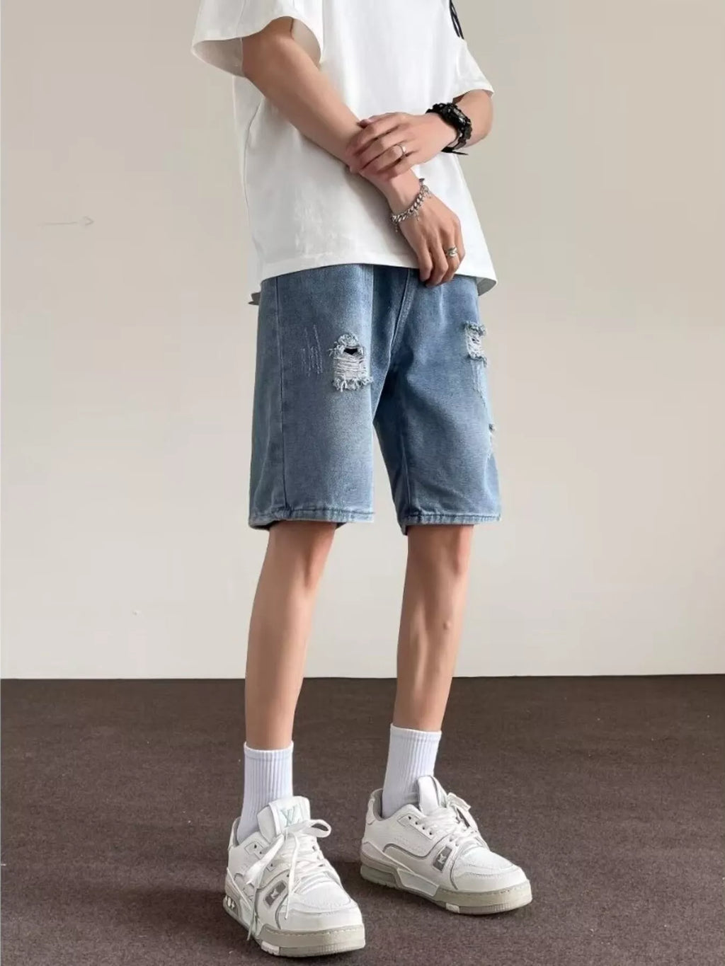men's men's full size ripped casual loose fit denim shorts plus size - alternate angle