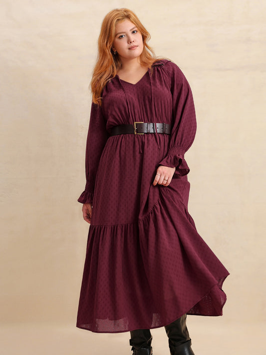 Plus Size Swiss Dot Tie Neck Flounce Sleeve Maxi Dress Burgundy