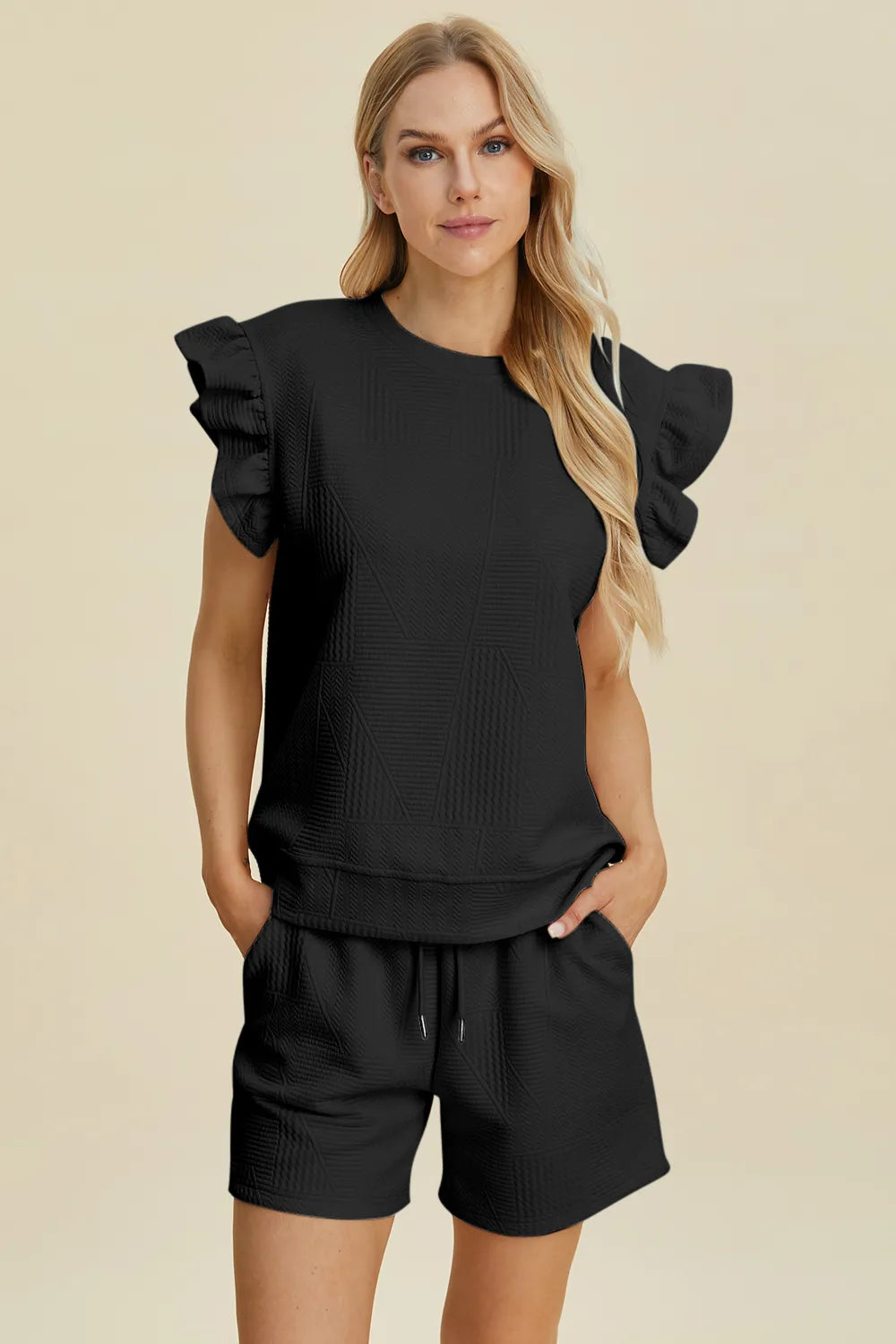 Double Take Full Size Texture Round Neck Ruffle Sleeve Top and Shorts Set Black