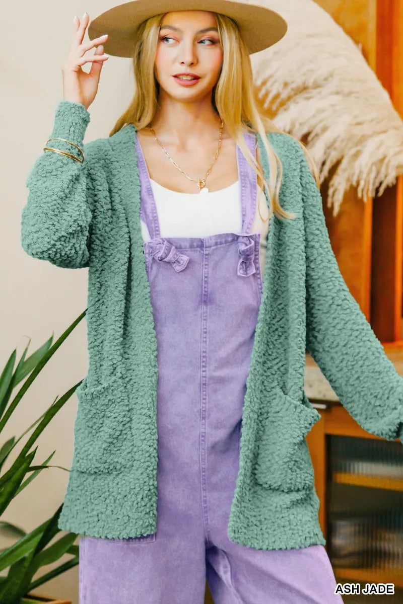 zenana long sleeve popcorn sweater cardigan with pockets - balloon sleeve cozy knit shown as women’s
