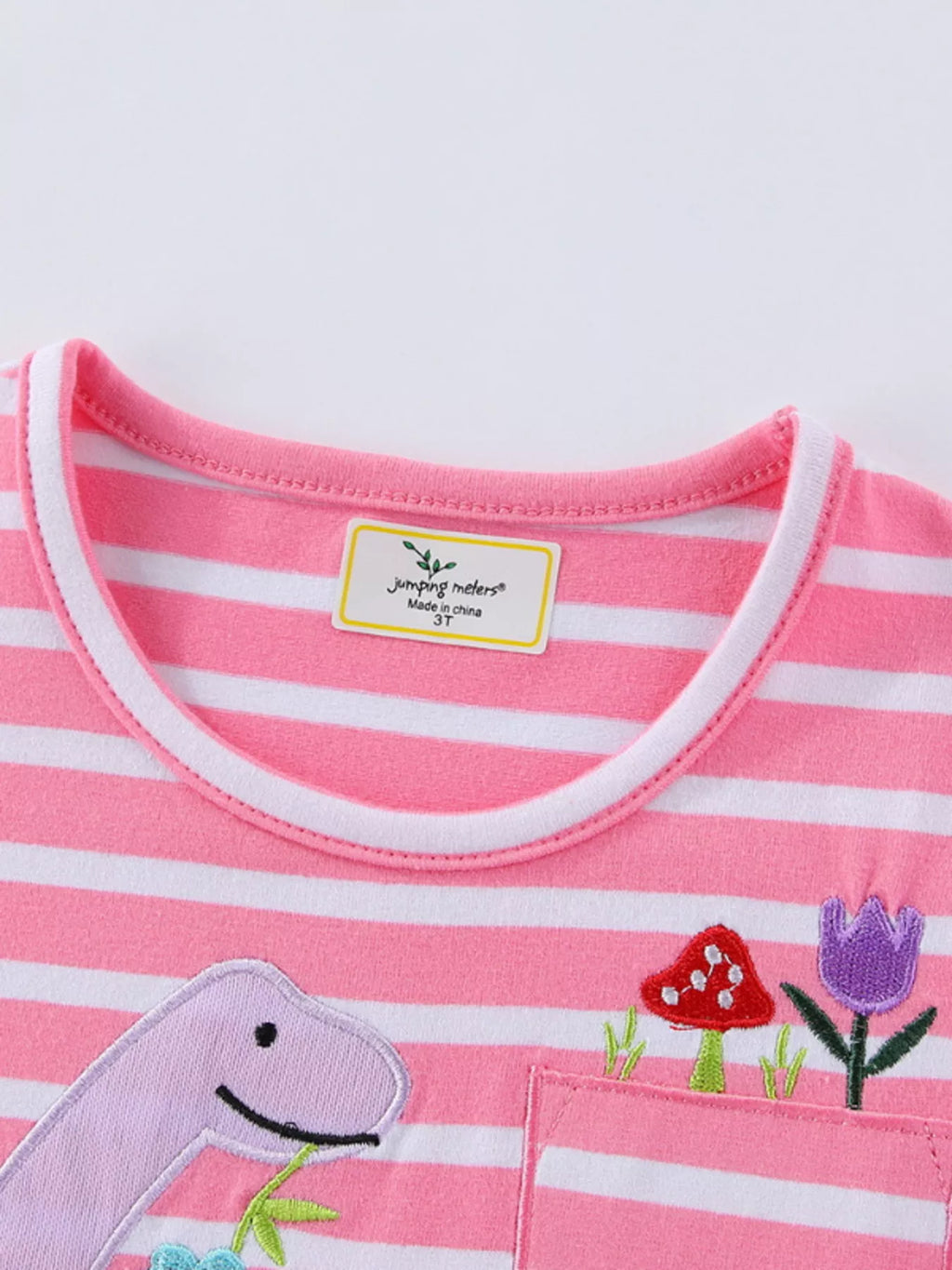 women's children's striped dinosaur embroidered casual dress - close-up detail