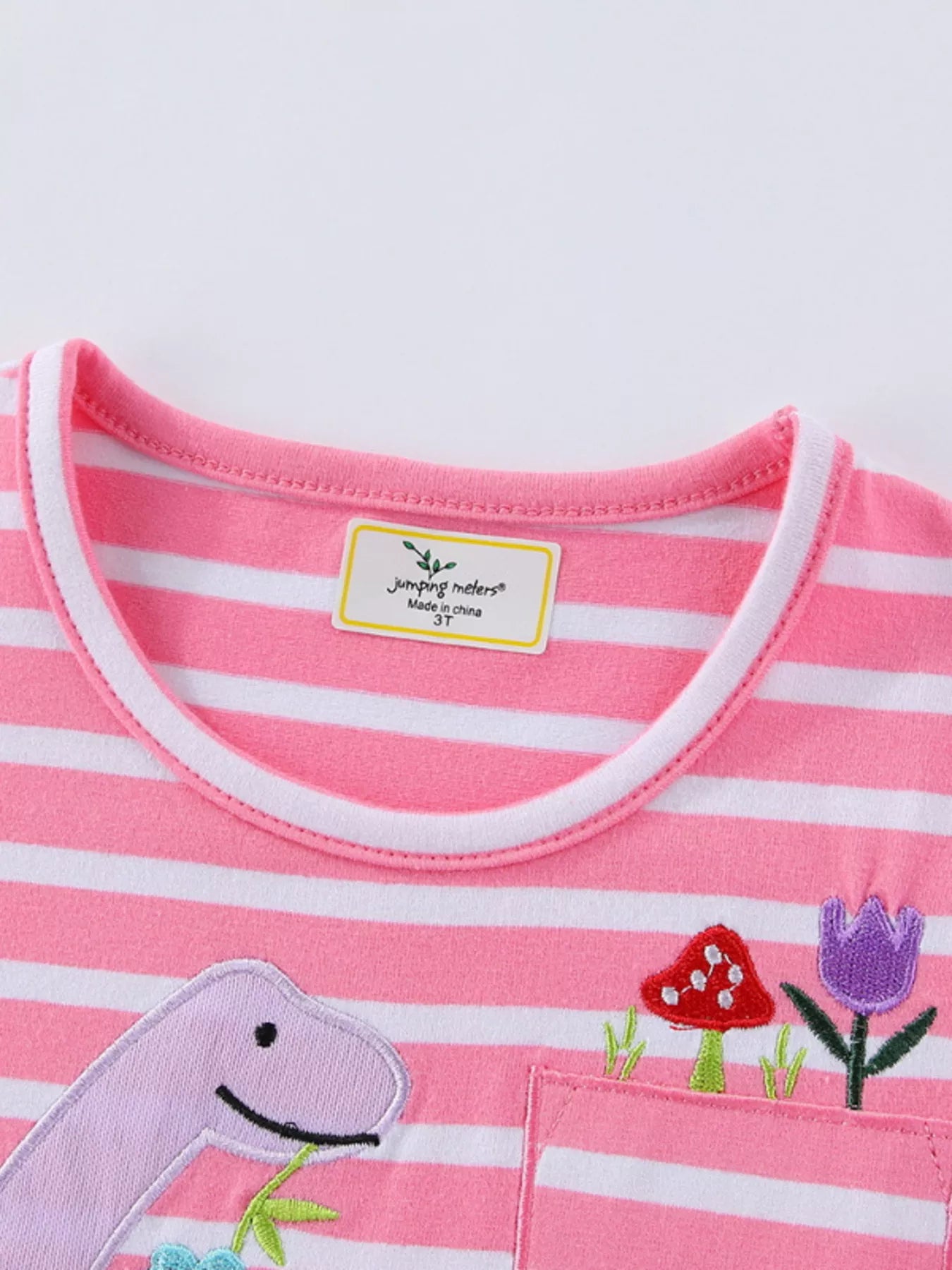 women's children's striped dinosaur embroidered casual dress - close-up detail