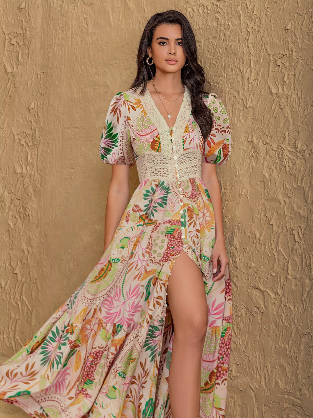 women's lace trim floral print puff sleeve dress - product detail