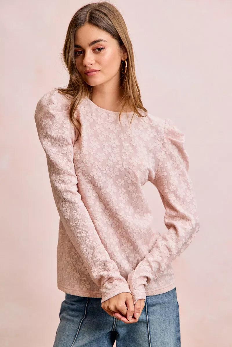 women's bibi textured flower knit puff shoulder top - product detail