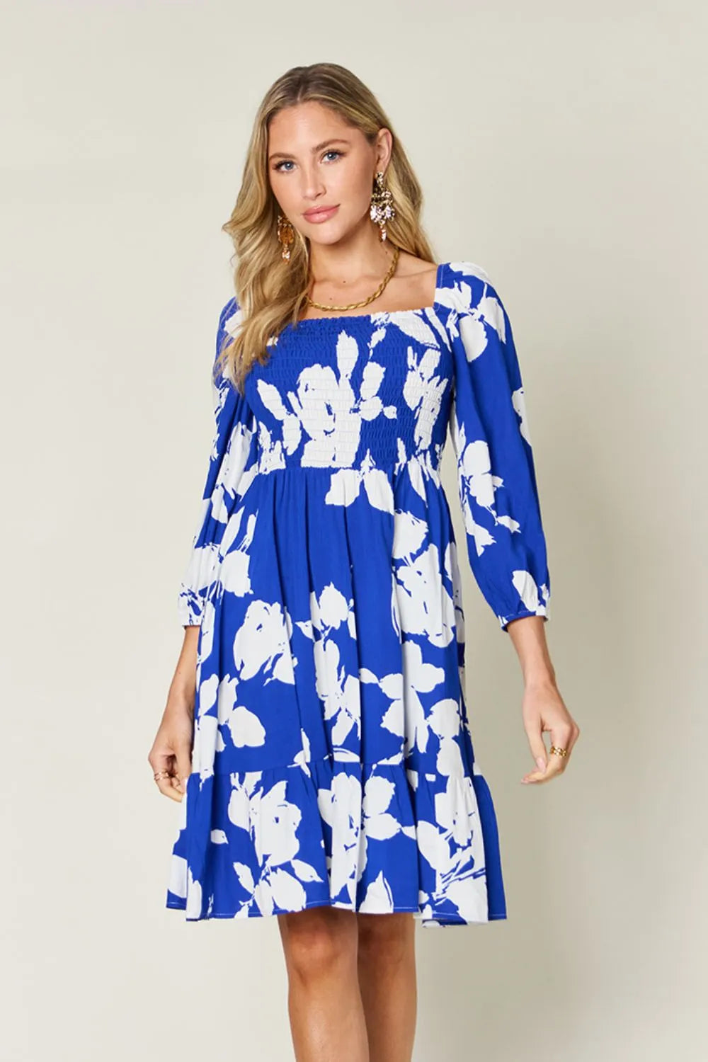 Double Take Full Size Floral Ruffle Hem Smocked Dress with Pockets Royal Blue