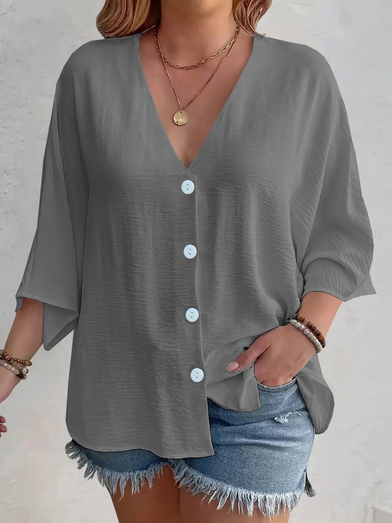 Full Size Casual V-Neck Button Down Relaxed Fit Blouse Plus Size Gray